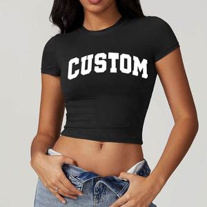 Camiseta ajustada de algodón de manga corta para mujer, con logo personalizado, estilo casual y urbano, top de moda, superventas. - Product Image 5