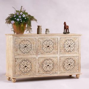Carved Wood Living Room Cabinet Rustic White <b>Storage</b> Sideboard <b>Tall</b> Dresser Farmhouse Console Furniture - Product Image 2