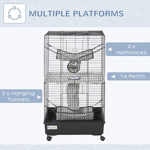 Gabbia per Animali Domestici in Metallo Nero da 42 Pollici con Ruote e Freni, Amache e Tunnel Sospesi, 3 Porte, Habitat per Furetti, Casetta per Piccoli Animali - Product Image 6