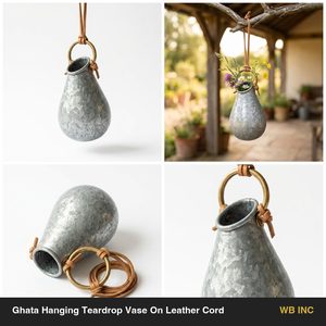 Handmade 12 cm Galvanised Iron Hanging <b>Vase</b> Natural Zinc Teardrop <b>Wall</b> Hanging with Leather Cord for Home Decor - Product Image 6