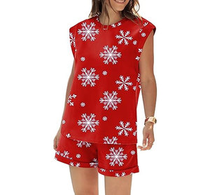 Conjunto de 2 piezas de pantalones cortos para mujer, sin mangas, cuello redondo, estampado de copo de nieve, rojo, informal, holgado, con bolsillo, conjunto de invierno - Product Image 5