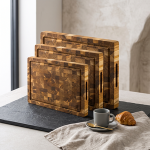 Combo 3 Planches à découper rectangulaires en bois d'acacia durable, plateau à fromage et fruits pour le petit-déjeuner, poignée en acier inoxydable noir, 1,5 cm Ha Le - Product Image 2