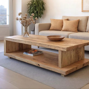 Table basse en bois artisanale, construction en bois massif, avec étagère de rangement inférieure, plateau épais et finition naturelle élégante - Product Image 1