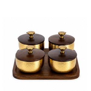 Élégant coffret à fruits secs en métal bicolore avec plateau de service en bois ondulé et 3 bols à bonbons à couvercles, pour servir des noix et des en-cas décoratifs - Product Image 6