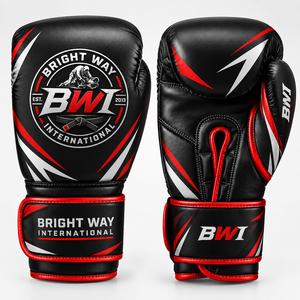 นวมชกมวย Bright Way International สีดำแดง หนังแท้ ปิดด้วยเวลโคร ระบายอากาศได้ดี อุปกรณ์ศิลปะการต่อสู้ - Product Image 1