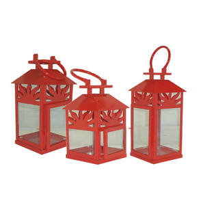 Juego de Faroles Colgantes Cuadrados de Metal Rojo para Velas, Decorativos con Recortes de Hoja de Palma, Techo Piramidal, Asa de Alambre en la Parte Superior y Cristal Transparente - Product Image 1