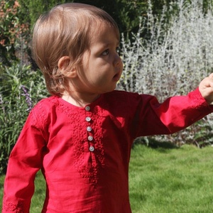 Indian Style Red Long Summer <b>Kaftan</b> Crafted By 100% Soft Cotton Featuring With Beautiful Embroidery Long Sleeves & Front Buttons - Product Image 4