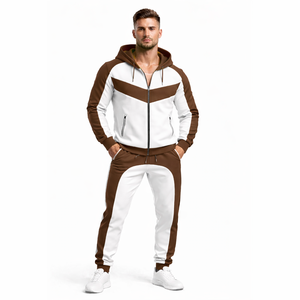 Unisex Brown & White Hooded Tracksuit Set – <b>Zip</b> <b>Up</b> <b>Jacket</b> with Jogger Pants, Slim Fit Casual Sportswear Gym Fitness Outfit - Product Image 1