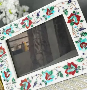 Stone Era Handcrafted <b>White</b> Marble Photo <b>Frame</b> Colorful Floral Inlay Art for Lightweight Decorative Tabletop Home Gift - Product Image 6