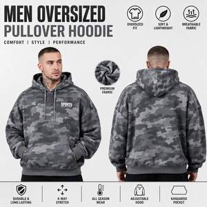 <b>Men</b> Oversized Camouflage <b>Pullover</b> Hoodie French Terry Hooded Sweatshirt Winter Wear Hooded <b>Pullover</b> <b>Men</b> Casual Front Pocket Hood - Product Image 1