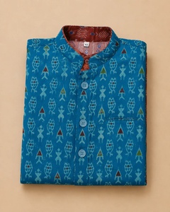 Men Blue Cotton Nehru <b>Jacket</b> With Digital Print Pattern Regular Fit Traditional Indian Pakistani Style <b>Wedding</b> Wear - Product Image 5