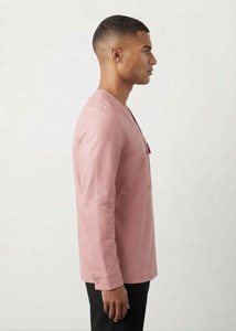 Camiseta de Diseño para Hombre, Cuello en V, Media Cremallera, Manga Larga, Ajustada, de Cuero Genuino Suave, Color Rosa - Product Image 4
