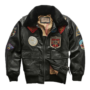 Blouson aviateur en cuir véritable pour homme avec motifs de patchs, doublure en fausse fourrure, fermeture éclair, style moto hiver - Product Image 1