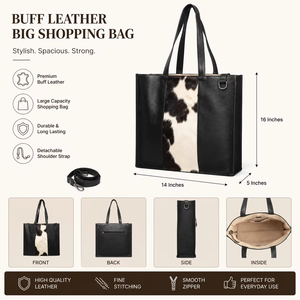Bolso tote de cuero con pelo auténtico hecho a mano, bolso de hombro de cuero genuino, bolso de viaje vintage de gran capacidad - Product Image 4