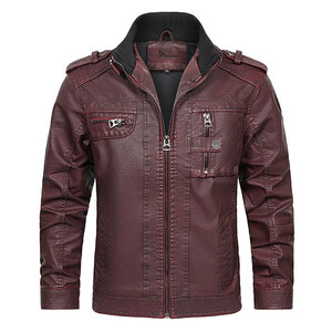 Chaqueta de Cuero para Hombre de Alta Calidad, Estilo Motero, Cuello Alto, Cierre de Cremallera, Color Sólido, para Otoño, Corte Regular - Product Image 1