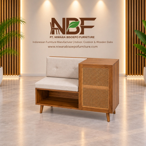 Banco de Almacenamiento Calista de Ratán y Madera de Teca Sólida de Primera Calidad, Estilo Japandi Moderno, con Asiento Tapizado para Hotel o Villa - Product Image 4