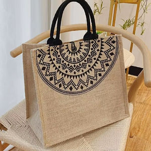 Printed Jute Tote <b>Bag</b> Black Rope Handle Burlap Shopping Handbag Mandala Pattern Grocery <b>Carrier</b> Natural Fiber Button Sack Custom - Product Image 1
