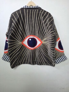 <b>Women</b>’s Handmade Embroidered <b>Jacket</b> Eye Motif Boho Short <b>Jacket</b> with Striped Collar and Cuffs - Product Image 3