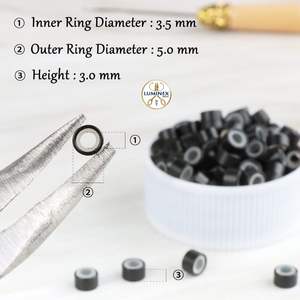 1000 unidades de extensiones de cabello de 5 mm con cuentas de acero inoxidable, anillos micro-enlazables con punta en I para extensiones de cabello - Negro - Product Image 2