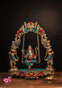 Export Selling Handmade Brass Ganesha Statue on <b>Swing</b> Jhoola Luxury Traditional Art for Home Decoration from India - Product Image 4