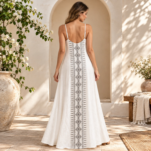 Vestido largo de algodón bordado |   Vestidos Largos Casuales de Verano para Mujer, Estilo Boho, Cuello en V, Sin Mangas, Línea A, para Playa, Vacaciones, Color Blanco - Product Image 3