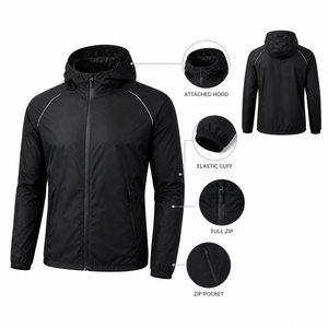 Veste coupe-vent à capuche pour homme avec fermeture éclair intégrale et poignets élastiques, noire unie, vêtement d'extérieur sportif, manteau léger pour la course à pied en automne - Product Image 2