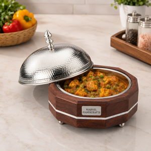 Olla de lujo de madera con interior de acero inoxidable martillado, aislada para mantener la comida caliente, con incrustaciones de nácar, hecha a mano. - Product Image 2