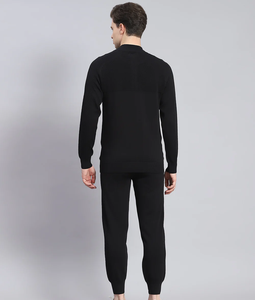 Men's Black Mock Neck <b>Knitted</b> Sweater <b>Set</b> Casual Autumn Wear 100% Cotton Breathable Solid Color Long Sleeve Pants Outfit - Product Image 1