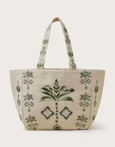 Bolso de mano de lino bordado con palmeras tropicales, estilo bohemio, con parte superior abierta, para compras, para todas las estaciones - Product Image 1