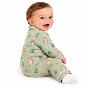 Ensemble pyjama ours en peluche vert sauge pour bébé, imprimé feuilles et étoiles, chemise à manches longues boutonnée et pantalon, tenue de nuit pour nourrisson et tout-petit, hiver - Product Image 3