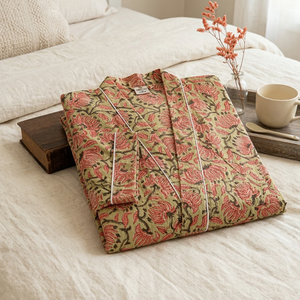 ชุดคลุมยาวผ้าฝ้ายพิมพ์ลายดอกไม้, ชุดคลุมยาวสไตล์กิโมโนคอวีมีเชือกผูกผ้านุ่มระบายอากาศได้ดีใส่อยู่บ้าน - Product Image 6