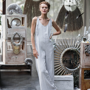 จั๊มสูทผ้าลินินสีเทาสำหรับผู้หญิง ทรงโอเวอร์ไซส์ สวมใส่สบาย ผ้าลินินธรรมชาติ จั๊มสูทขากว้างทรงฮาเร็ม มีซิปด้านหลัง - Product Image 1