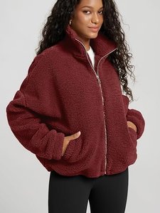 Chaqueta de lana para mujer con cremallera, cuello alto, manga larga, color sólido, abrigo de invierno, tejido grueso y felpa - Product Image 2
