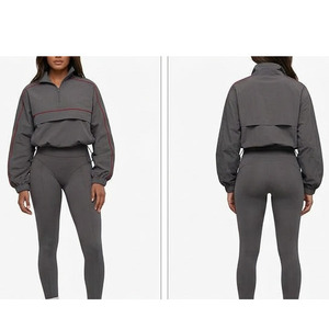 Conjunto de yoga de dos piezas para mujer, chaqueta corta y leggings de cintura alta, ropa deportiva con bloques de color, conjunto informal para estar en casa - Product Image 4
