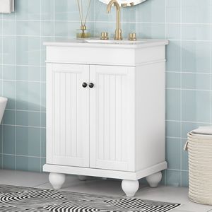 24-Inch Sleek Modern Bathroom Vanity with Elegant Ceramic Sink Solid Wood <b>Frame</b> Adjustable Shelf - Product Image 1