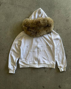 Sweat à capuche de rue en laine française en coton robuste 400g surdimensionné avec col en fausse fourrure amovible et zippé teint uni pour l'hiver - Product Image 2