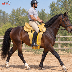 Selle de cheval Golden Endurance à siège incurvé, long panneau latéral, double sangle et anneau en D |   Équitation légère et confortable - Product Image 2