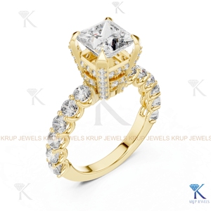 Custom Lab Grown CVD Diamond Princess Cut Hidden Halo Pave Ring <b>Solid</b> Gold - Product Image 4