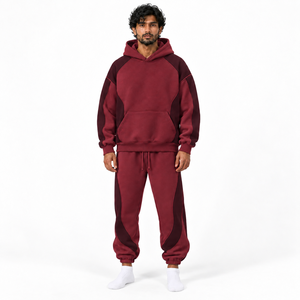 Heavyweight French Terry Cotton Sweatsuit Set Men <b>Oversized</b> Pullover Hoodie <b>Jogger</b> Pants Relaxed Streetwear Fit Color Blocking - Product Image 1