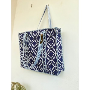 Canvas <b>Tote</b> <b>Bag</b> <b>Navy</b> Blue White Solid Bohemian Style Embroidery Zipper Closure Open Top Cotton Lining for Daily Travel Shopping - Product Image 2