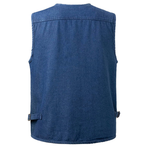 Gilet en jean multi-poches coupe ajustée, style décontracté, en coton bleu respirant, style automne, taille haute, délavage clair, boutonné - Product Image 3