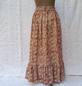 Rose Floral Block Print Cotton Womens Full Length Tiered <b>Skirt</b> Smocked Waist Button Front Ruffle Hem Mustard <b>Boho</b> Handcrafted - Product Image 1