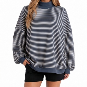Trendy <b>Women</b> Striped Loose Fit Mock Neck Sweatshirt Drop Shoulder <b>Women's</b> Lounge Wear <b>Top</b> OEM Service - Product Image 1