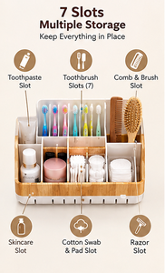 Organisateur de salle de bain portable en bambou, plateau de rangement minimaliste rectangulaire avec 7 compartiments pour brosses à dents, dentifrice et accessoires (Ensemble) - Product Image 2