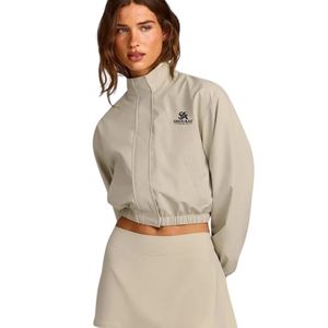 Beige <b>Womens</b> Polyester Windbreaker <b>Jacket</b> Custom Logo Letter Print Full Zip High Neck <b>Lightweight</b> Outdoor Streetwear OEM Apparel - Product Image 1