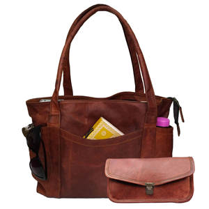 Sac à main vintage en cuir véritable pour femme, style cabas, sac à bandoulière, cadeau de la Saint-Valentin, sac de shopping 16 pouces avec pochette (marron) - Product Image 1