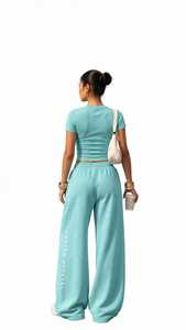 Pantalon de jogging décontracté pour femme Oneten Apparel, couleur vert sarcelle, coupe large, 100 % coton, devant plat, cordon élastique, imprimé lettres - Product Image 4