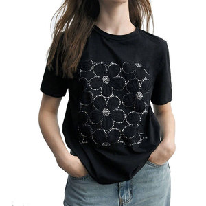 เสื้อยืดแขนสั้นผู้หญิงสีดำ คอกลม ลายดอกไม้ประดับเพชร สไตล์ลำลอง ผ้าเจอร์ซีย์ ทรงปกติ ใส่ได้ทั้งฤดูใบไม้ผลิและฤดูร้อน - Product Image 1