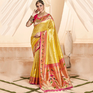Golden <b>Tissue</b> Silk Saree Rich Shimmer Texture Artistic Woven Pattern Designer Indian Diwali Party <b>Wedding</b> Wear Floor-Length - Product Image 1