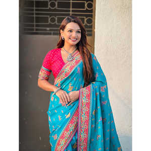 ชุดส่าหรีผ้าไหมวิสโคสแท้สีน้ำเงินรามา ลายพิมพ์ดั้งเดิม สำหรับผู้หญิง น้ำหนัก 750 กรัม ยี่ห้อ Elite Weaves - Product Image 2